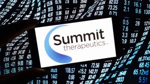 Summit Therapeutics logo and words on iPhone against a blue and black square background
