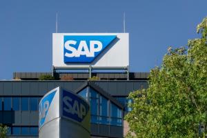 SAP company logo on the main building in Walldorf, Germany blue sky
