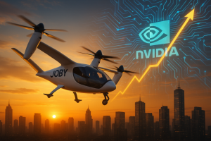 Joby eVTOL at sunset with Nvidia logo and skyline