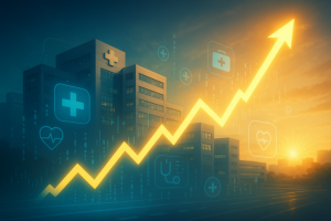 Arrow moving up with a hospital in the background.