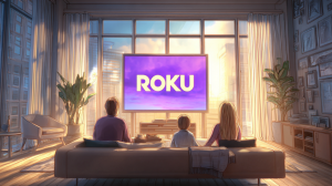 Family watching Roku on television in a living room.