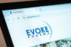 Evoke Pharma website displayed on computer screen showcasing pharmaceutical products and drug development solutions