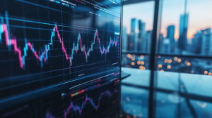 Computer screen with financial chart going up and down with a city scape in the background