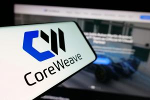 CoreWeave logo in front of building