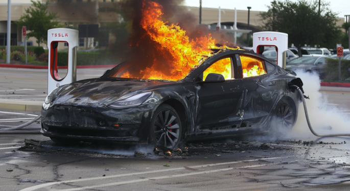 Tesla Vehicle Goes Up In Flames At Charging Station: 'These Are Not Easy Fires To Put Out,' First Responder Says