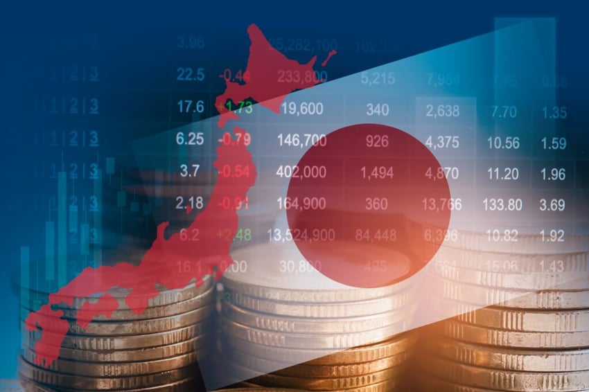Japan flag with stock market finance, economy trend graph digital technology.