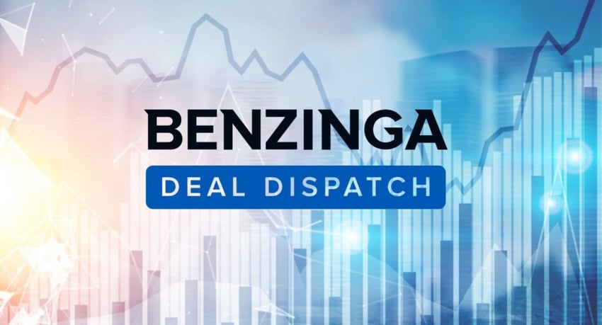 Benzinga Deal Dash against a blue hued financial chart for our M&A coverage