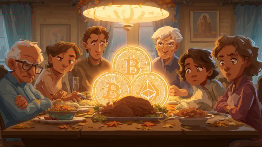 Family at Thanksgiving dinner with Bitcoin and Ethereum on the table.