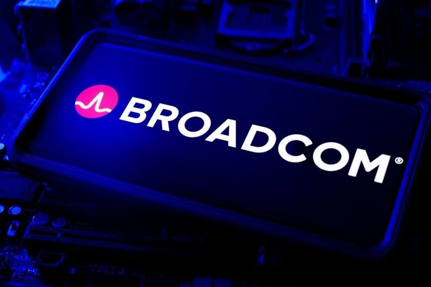 Broadcom semiconductor company logo illuminated on smartphone screen.