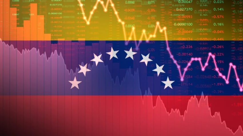 The flag of Venezuela with declining stock market graph and financial data overlay, symbolizing economic downturn, recession, or bearish market trends.