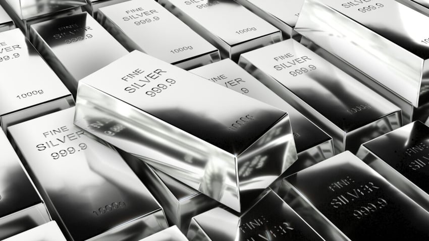 Silver bullion bars stacked, 999.9 fine
