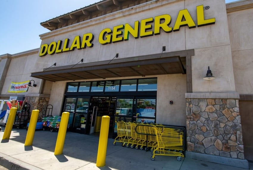 Dollar General store entrance, sign, logo, shopping carts.